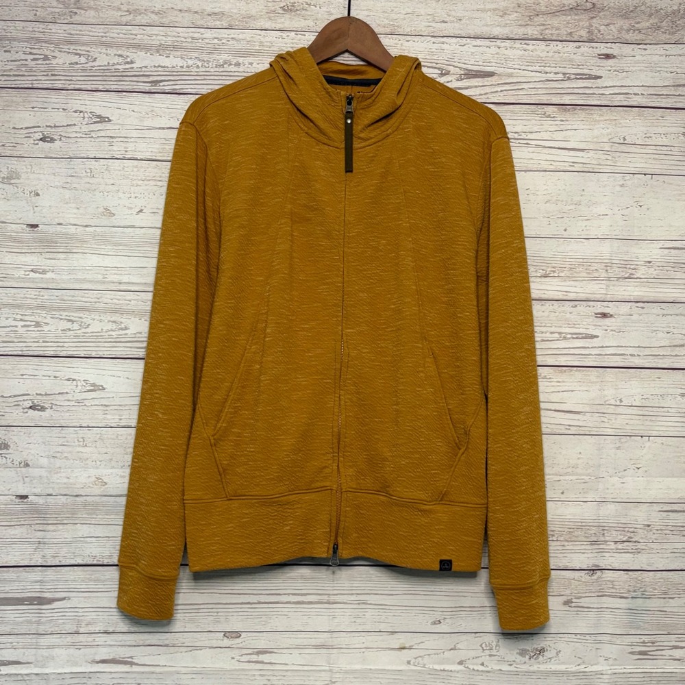 Prana Mens XL‎ Full Zip Hoodie Mustard Yellow Textured Recycled Blend Jacket